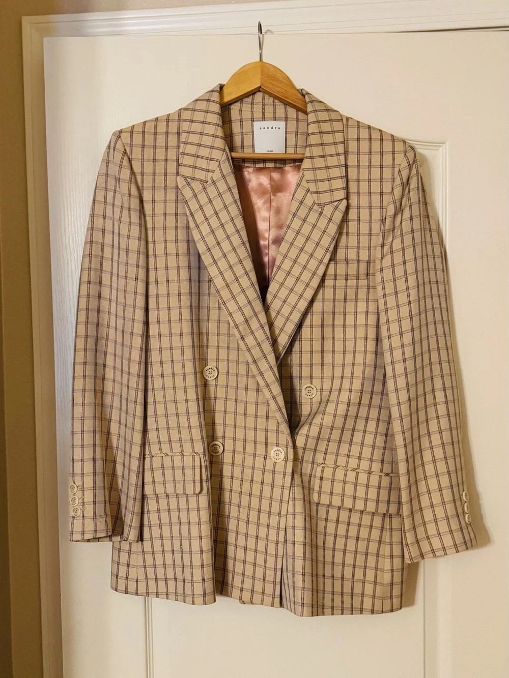 Sandro Beige Plaid Double-Breasted Blazer